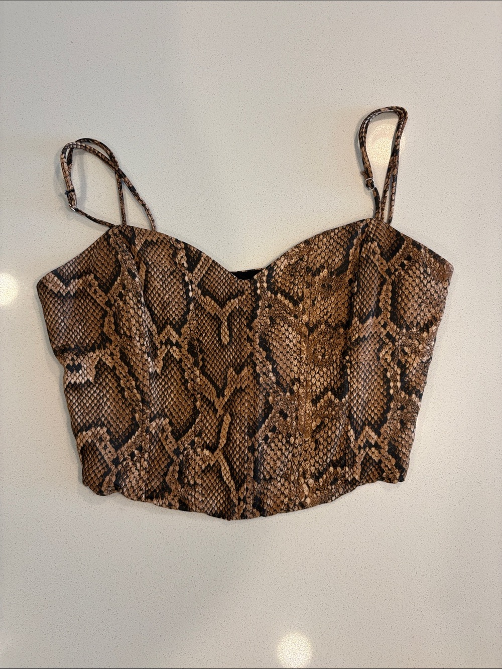 Zara Brown Snake-Print Cropped Bustier Top